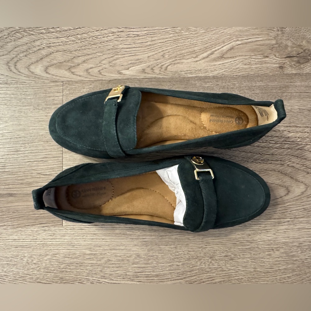 Giani Bernini Dark Green Suede Loafers with Gold Buckle. Women’s size 5.5. New.
